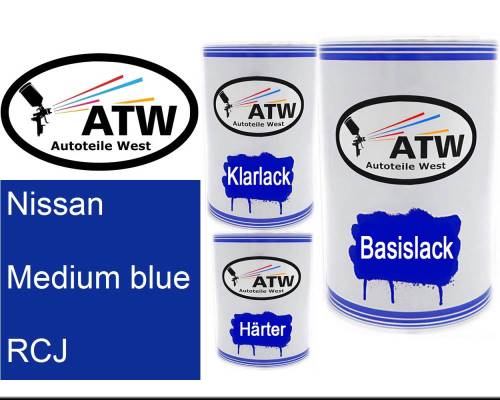 Nissan, Medium blue, RCJ: 500ml Lackdose + 500ml Klarlack + 250ml Härter - Set, von ATW Autoteile West.